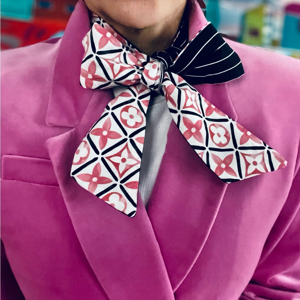 Handmade Pink, White and Black with Black and White Pinstripe Skinny Scarf
